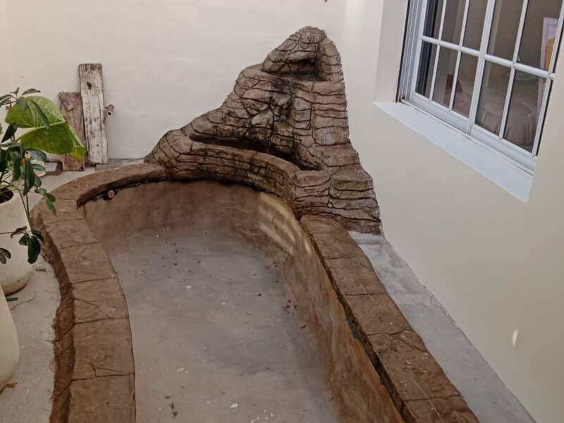 Diseño y Revestimiento de Patio Interno con Estanque y Cascada